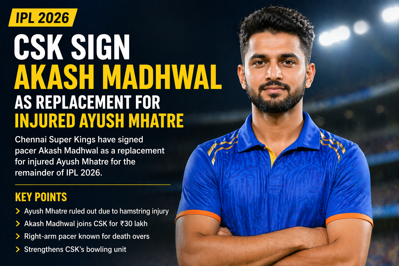 CSK Sign Akash Madhwal as Replacement for Injured Ayush Mhatre in IPL 2026