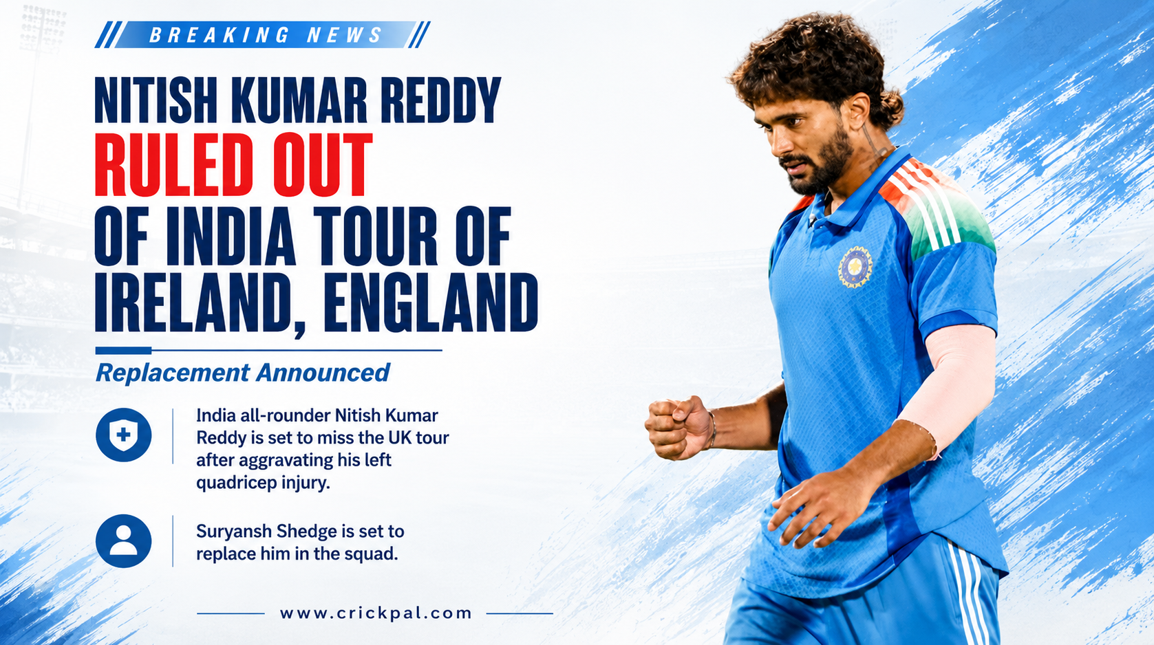 Nitish Reddy ruled out of Ireland T20Is with quadriceps injury, England leg in doubt